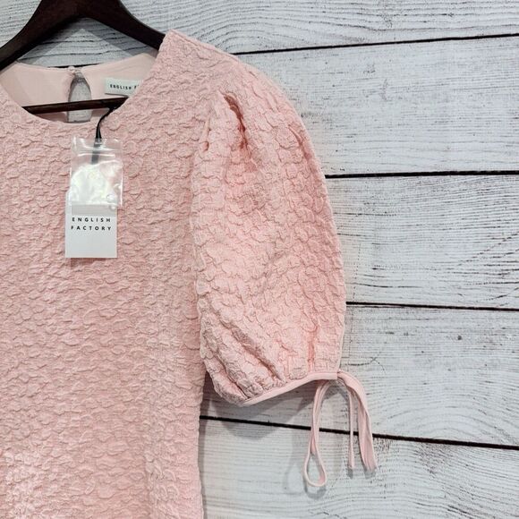 English Factory Smocked Textured Puff Sleeve Pink Midi Dress Size XS New - Picture 8 of 13